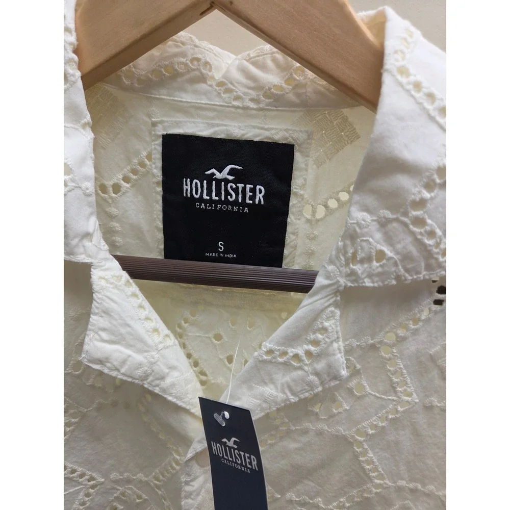 Hollister Mens Small White Eyelet Embroidered Short Sleeve Button Up Shirt New - Picture 2 of 10